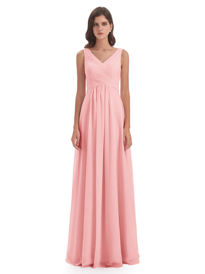 Evalyn V-neck Straps Chiffon Long Bridesmaid Dresses