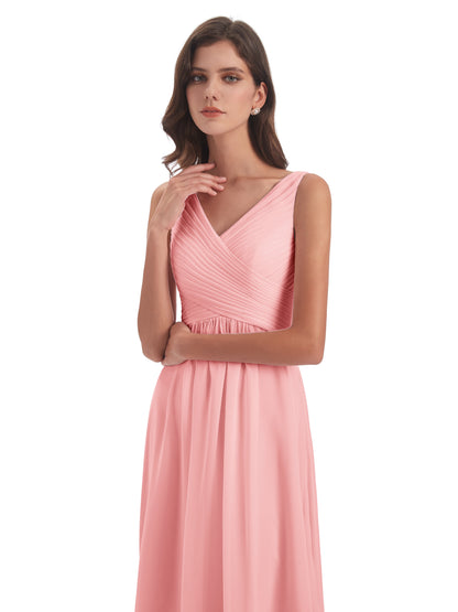 Evalyn V-neck Straps Chiffon Long Bridesmaid Dresses