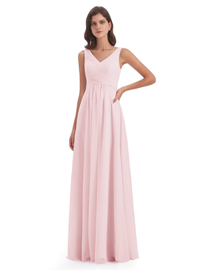 Evalyn V-neck Straps Chiffon Long Bridesmaid Dresses
