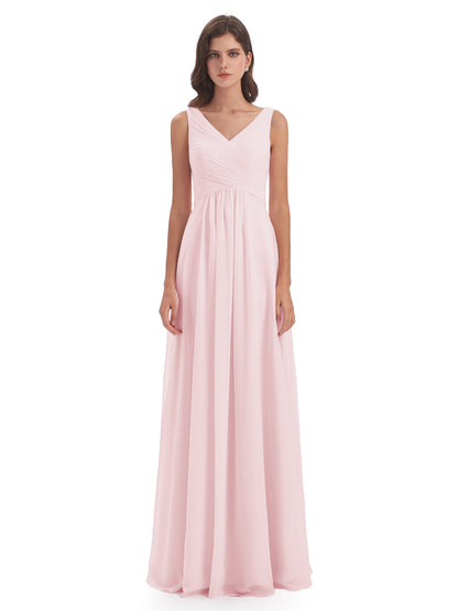 Evalyn V-neck Straps Chiffon Long Bridesmaid Dresses