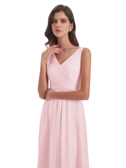 Evalyn V-neck Straps Chiffon Long Bridesmaid Dresses