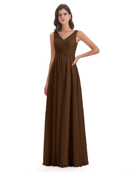 Evalyn V-neck Straps Chiffon Long Bridesmaid Dresses