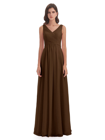 Evalyn V-neck Straps Chiffon Long Bridesmaid Dresses