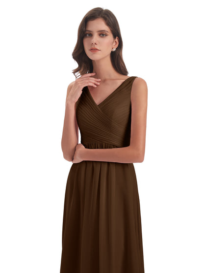 Evalyn V-neck Straps Chiffon Long Bridesmaid Dresses