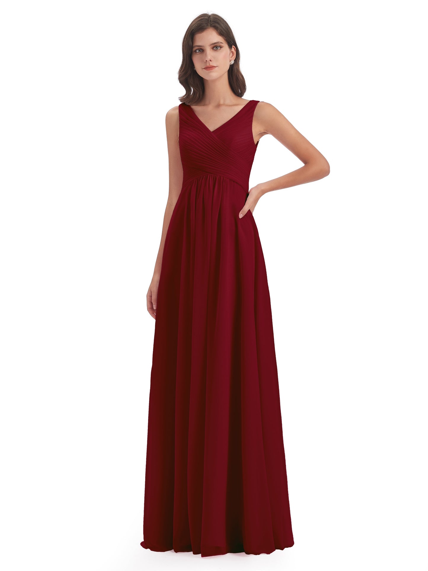 Evalyn V-neck Straps Chiffon Long Bridesmaid Dresses