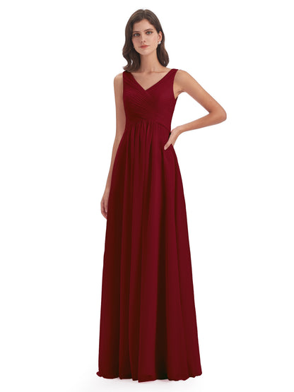 Evalyn V-neck Straps Chiffon Long Bridesmaid Dresses