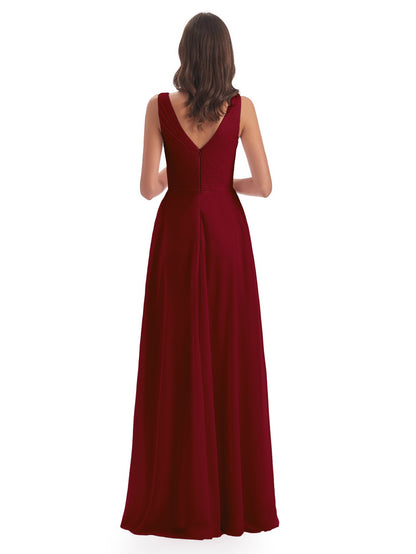 Evalyn V-neck Straps Chiffon Long Bridesmaid Dresses