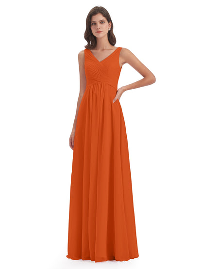 Evalyn V-neck Straps Chiffon Long Bridesmaid Dresses