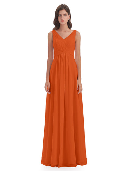 Evalyn V-neck Straps Chiffon Long Bridesmaid Dresses