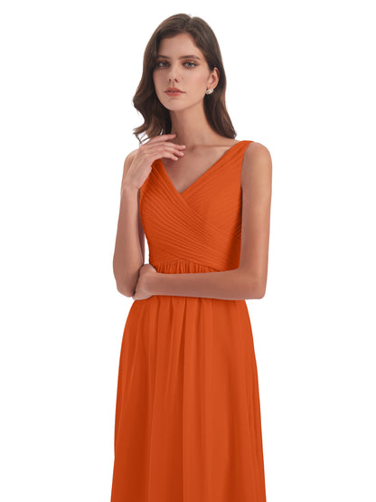Evalyn V-neck Straps Chiffon Long Bridesmaid Dresses