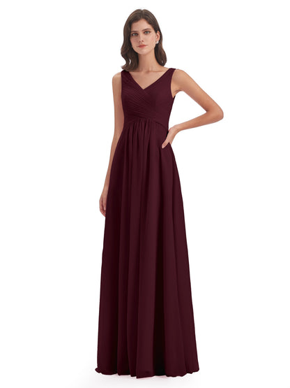 Evalyn V-neck Straps Chiffon Long Bridesmaid Dresses