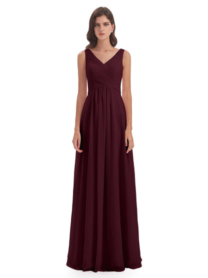 Evalyn V-neck Straps Chiffon Long Bridesmaid Dresses