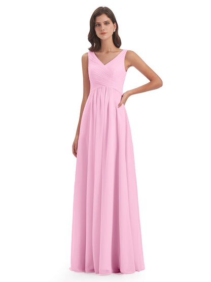 Evalyn V-neck Straps Chiffon Long Bridesmaid Dresses