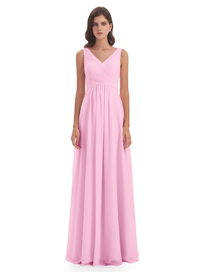 Evalyn V-neck Straps Chiffon Long Bridesmaid Dresses