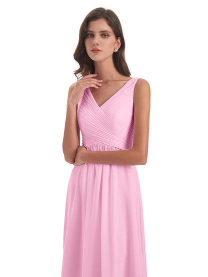 Evalyn V-neck Straps Chiffon Long Bridesmaid Dresses
