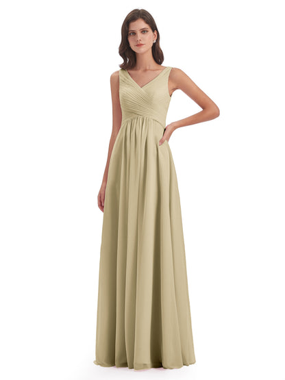 Evalyn V-neck Straps Chiffon Long Bridesmaid Dresses