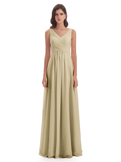 Evalyn V-neck Straps Chiffon Long Bridesmaid Dresses