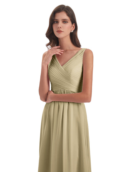 Evalyn V-neck Straps Chiffon Long Bridesmaid Dresses