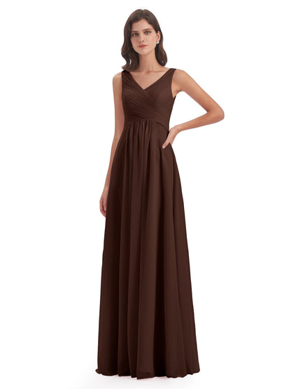 Evalyn V-neck Straps Chiffon Long Bridesmaid Dresses