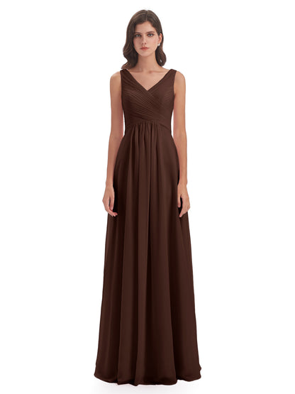Evalyn V-neck Straps Chiffon Long Bridesmaid Dresses