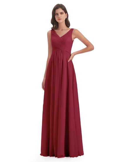 Evalyn V-neck Straps Chiffon Long Bridesmaid Dresses