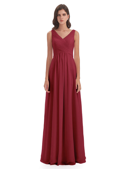 Evalyn V-neck Straps Chiffon Long Bridesmaid Dresses