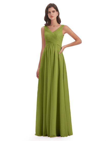 Evalyn V-neck Straps Chiffon Long Bridesmaid Dresses