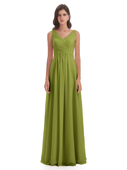 Evalyn V-neck Straps Chiffon Long Bridesmaid Dresses