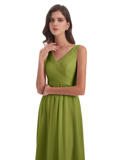 Evalyn V-neck Straps Chiffon Long Bridesmaid Dresses