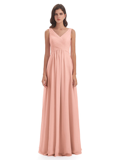 Evalyn V-neck Straps Chiffon Long Bridesmaid Dresses