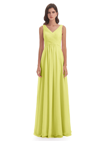 Evalyn V-neck Straps Chiffon Long Bridesmaid Dresses