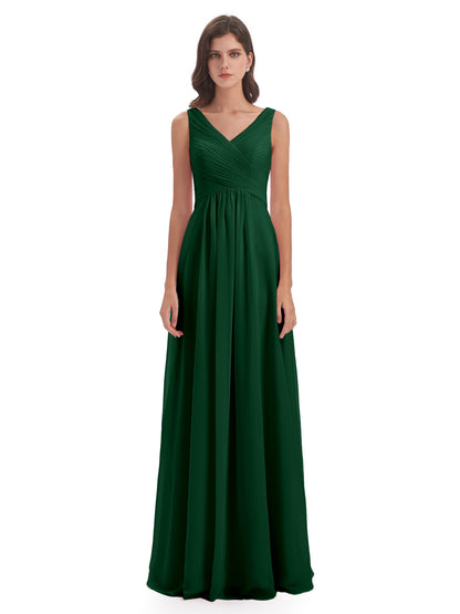 Evalyn V-neck Straps Chiffon Long Bridesmaid Dresses