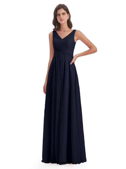 Evalyn V-neck Straps Chiffon Long Bridesmaid Dresses
