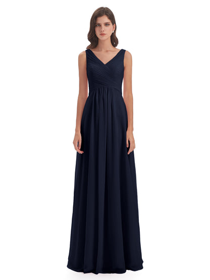 Evalyn V-neck Straps Chiffon Long Bridesmaid Dresses
