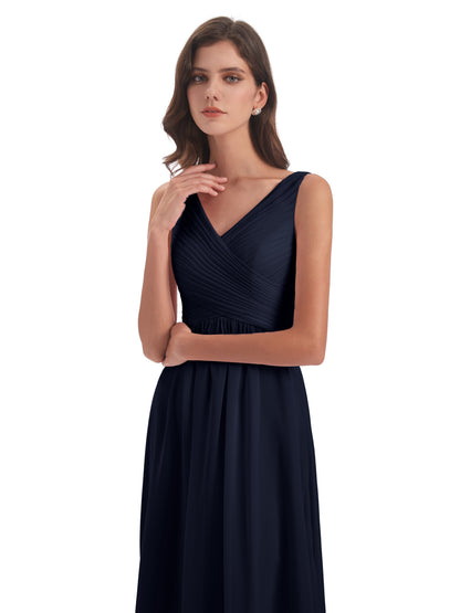 Evalyn V-neck Straps Chiffon Long Bridesmaid Dresses