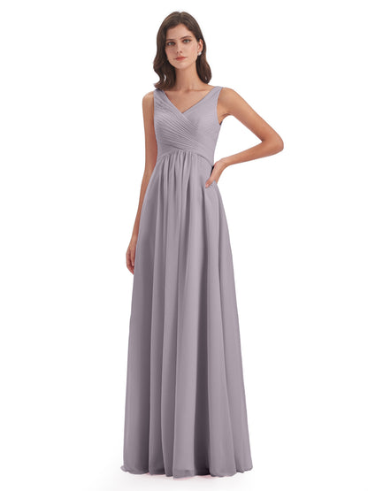 Evalyn V-neck Straps Chiffon Long Bridesmaid Dresses