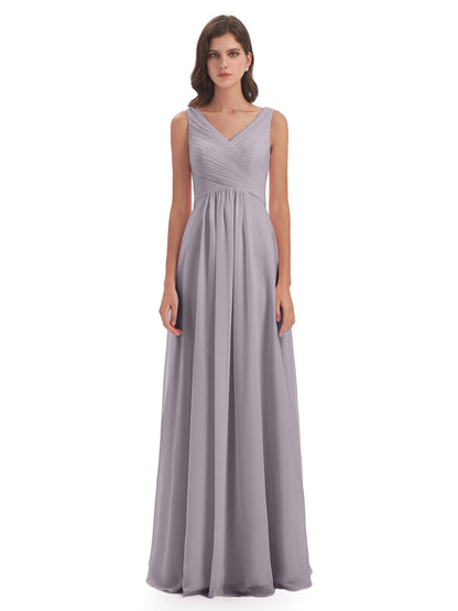 Evalyn V-neck Straps Chiffon Long Bridesmaid Dresses