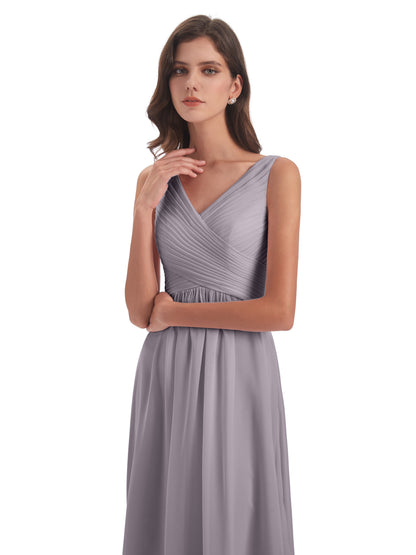Evalyn V-neck Straps Chiffon Long Bridesmaid Dresses