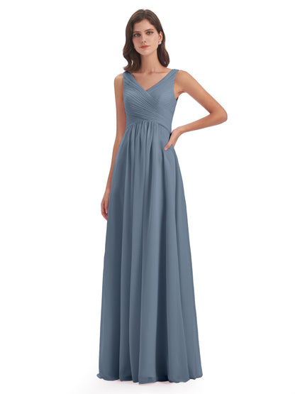 Evalyn V-neck Straps Chiffon Long Bridesmaid Dresses