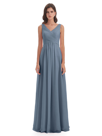 Evalyn V-neck Straps Chiffon Long Bridesmaid Dresses