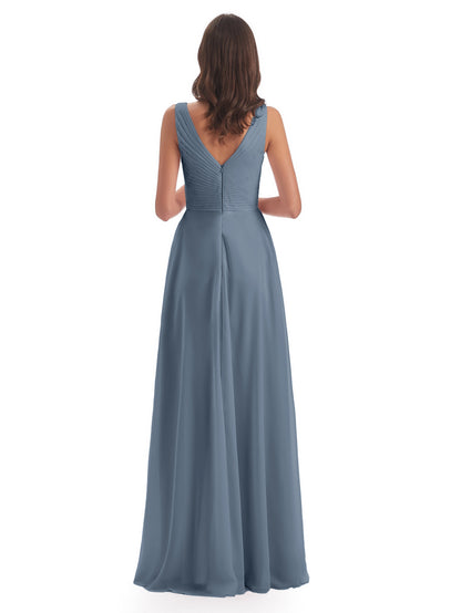 Evalyn V-neck Straps Chiffon Long Bridesmaid Dresses