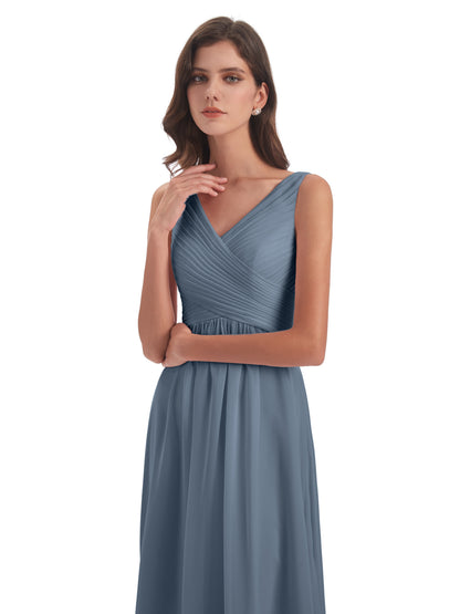 Evalyn V-neck Straps Chiffon Long Bridesmaid Dresses