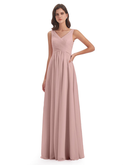 Evalyn V-neck Straps Chiffon Long Bridesmaid Dresses