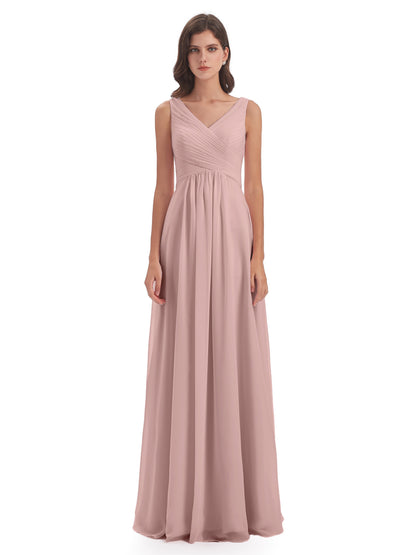 Evalyn V-neck Straps Chiffon Long Bridesmaid Dresses