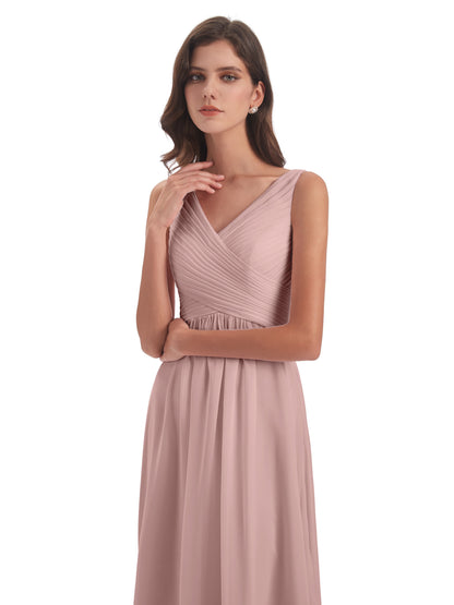 Evalyn V-neck Straps Chiffon Long Bridesmaid Dresses