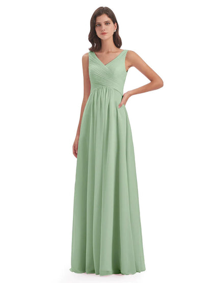 Evalyn V-neck Straps Chiffon Long Bridesmaid Dresses