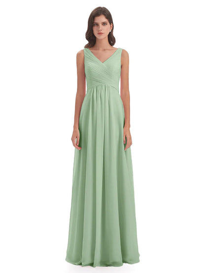 Evalyn V-neck Straps Chiffon Long Bridesmaid Dresses