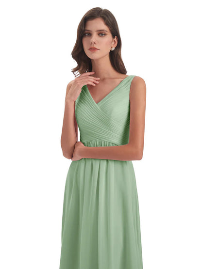 Evalyn V-neck Straps Chiffon Long Bridesmaid Dresses