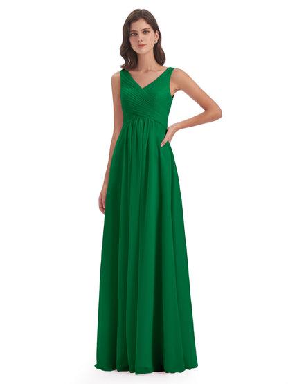Evalyn V-neck Straps Chiffon Long Bridesmaid Dresses