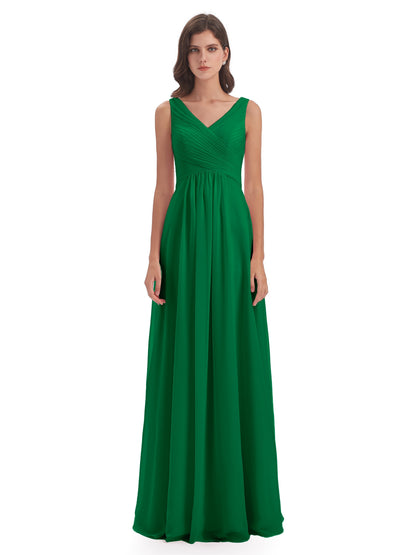Evalyn V-neck Straps Chiffon Long Bridesmaid Dresses